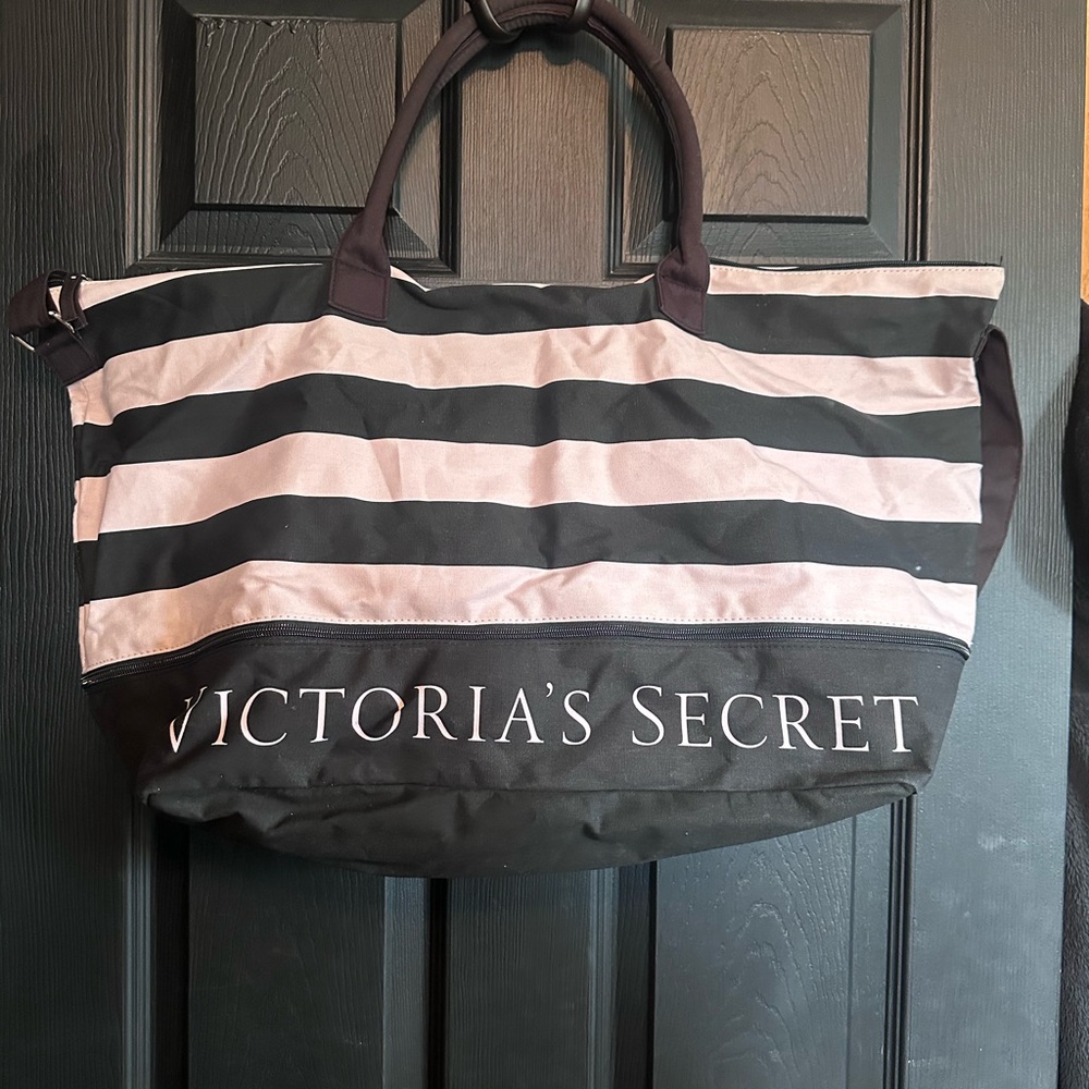 Victoria's Secret Black and Pink Striped Women's Bag